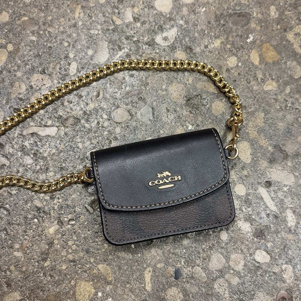 Coach Signature Canvas Black Leather Crossbody Bag + Mini Pouch Gold Chain Set - Picture 4 of 10